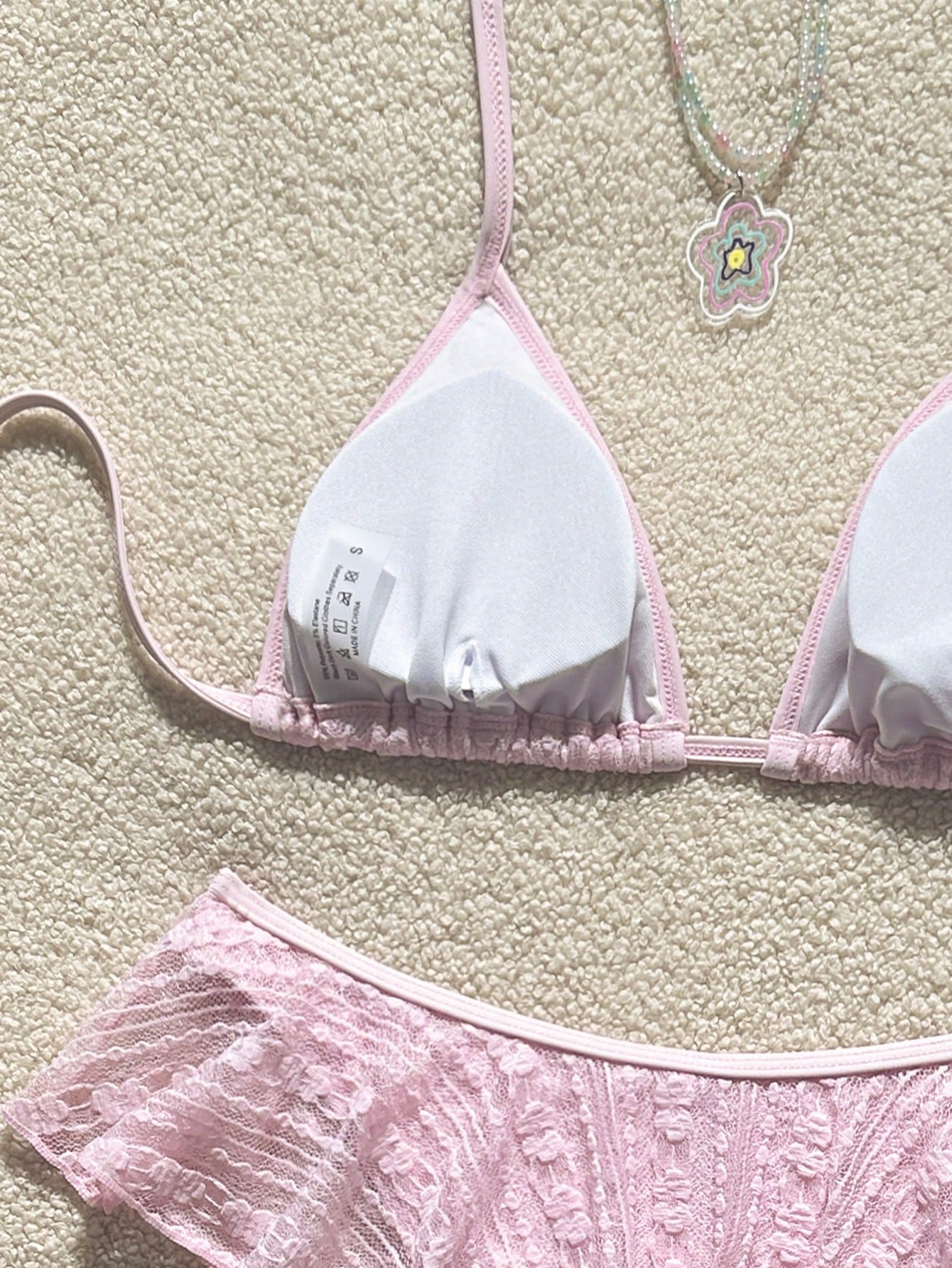Swim Mod 2pcs Solid Color Minimalist Sexy Spaghetti Strap Halter Triangle Bikini Top And Wavy Edge Triangle Bikini Bottom Set