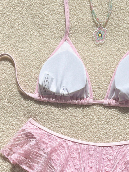 Swim Mod 2pcs Solid Color Minimalist Sexy Spaghetti Strap Halter Triangle Bikini Top And Wavy Edge Triangle Bikini Bottom Set