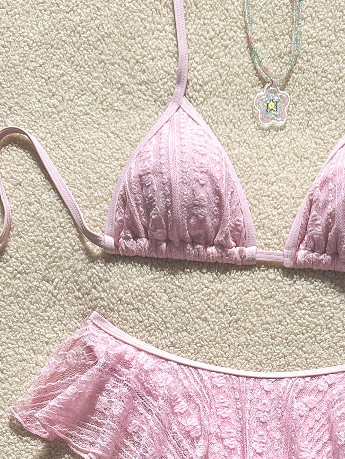 Swim Mod 2pcs Solid Color Minimalist Sexy Spaghetti Strap Halter Triangle Bikini Top And Wavy Edge Triangle Bikini Bottom Set