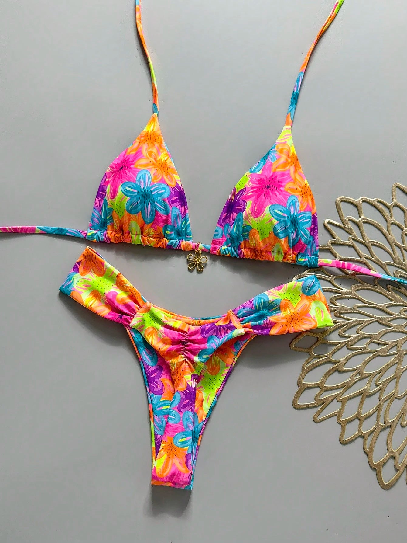 Swim MOD 2pcs Spring/Summer Vacation Random Print Cherry Accessory Halter Triangle Bikini Top And Bikini Bottom Sexy Women's Swimsuit Set