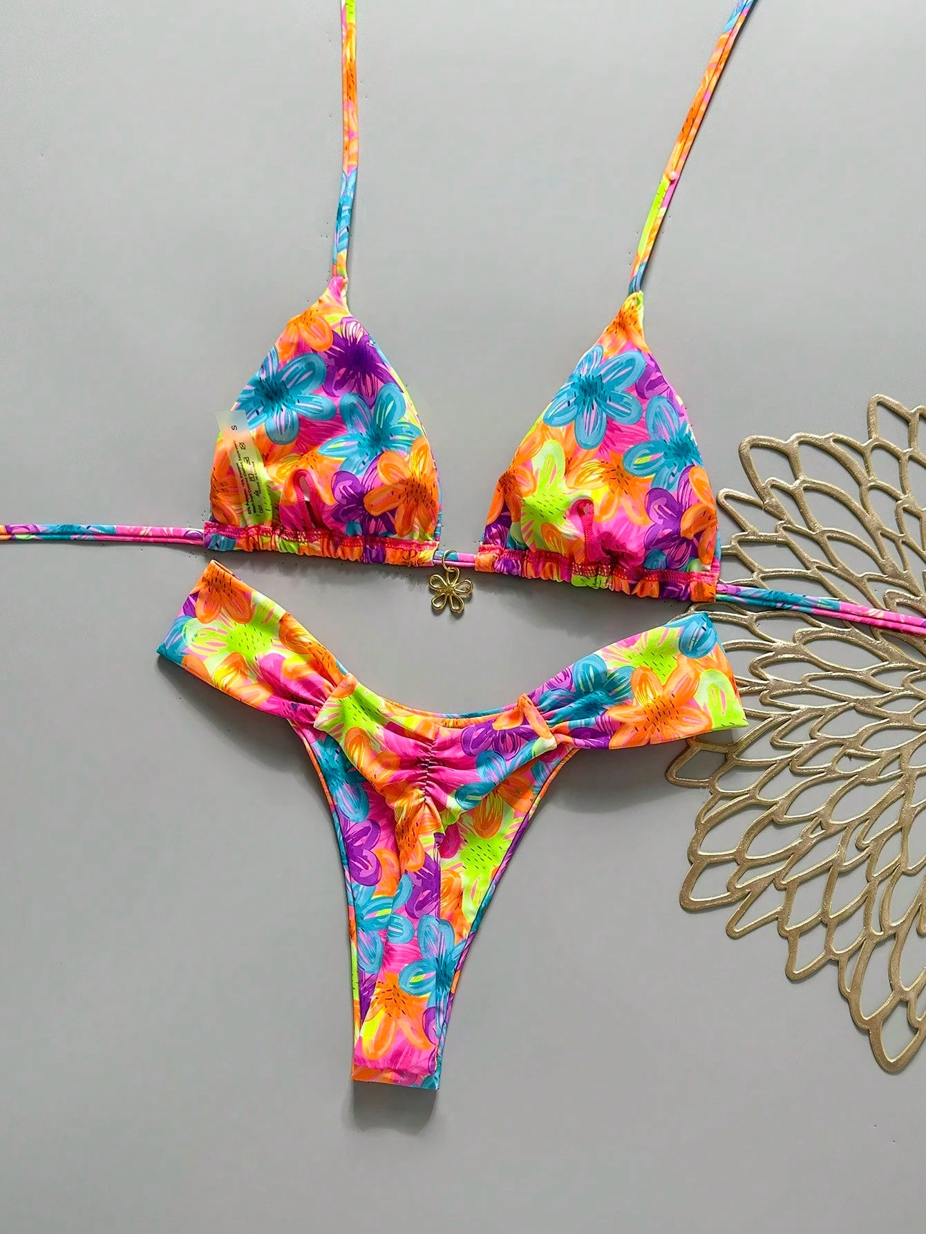 Swim MOD 2pcs Spring/Summer Vacation Random Print Cherry Accessory Halter Triangle Bikini Top And Bikini Bottom Sexy Women's Swimsuit Set