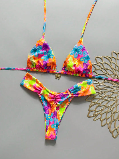 Swim MOD 2pcs Spring/Summer Vacation Random Print Cherry Accessory Halter Triangle Bikini Top And Bikini Bottom Sexy Women's Swimsuit Set