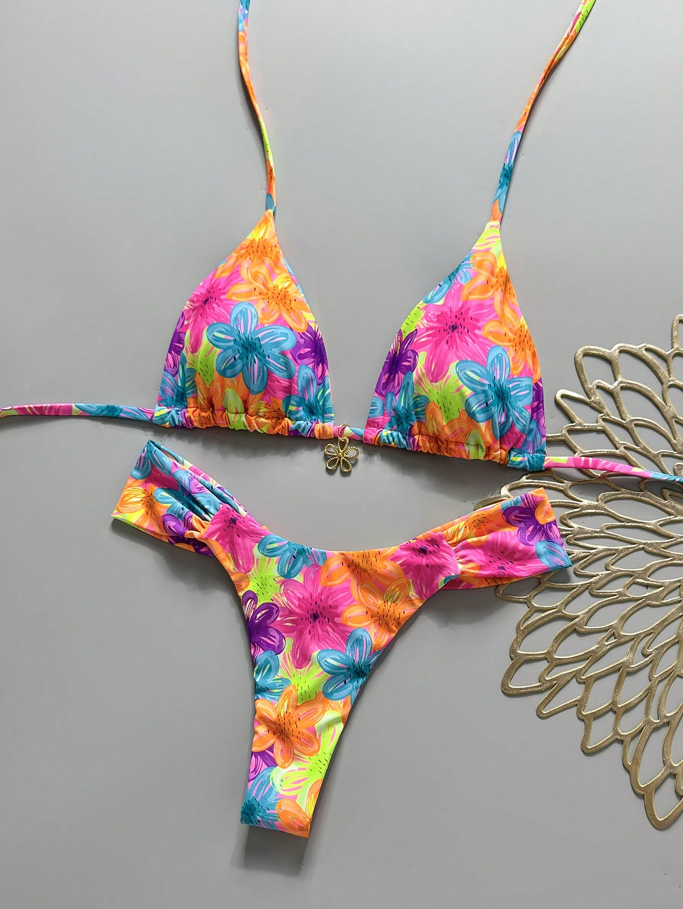 Swim MOD 2pcs Spring/Summer Vacation Random Print Cherry Accessory Halter Triangle Bikini Top And Bikini Bottom Sexy Women's Swimsuit Set