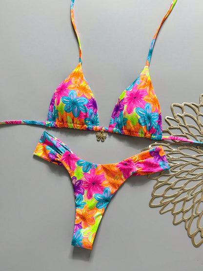 Swim MOD 2pcs Spring/Summer Vacation Random Print Cherry Accessory Halter Triangle Bikini Top And Bikini Bottom Sexy Women's Swimsuit Set