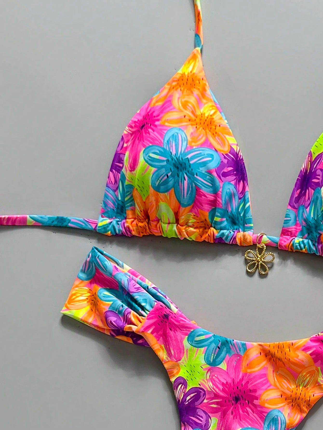 Swim MOD 2pcs Spring/Summer Vacation Random Print Cherry Accessory Halter Triangle Bikini Top And Bikini Bottom Sexy Women's Swimsuit Set