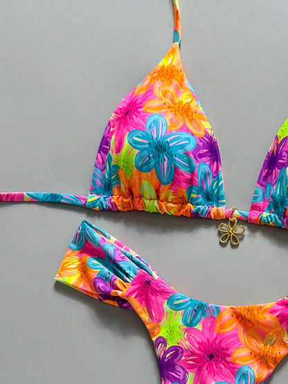 Swim MOD 2pcs Spring/Summer Vacation Random Print Cherry Accessory Halter Triangle Bikini Top And Bikini Bottom Sexy Women's Swimsuit Set