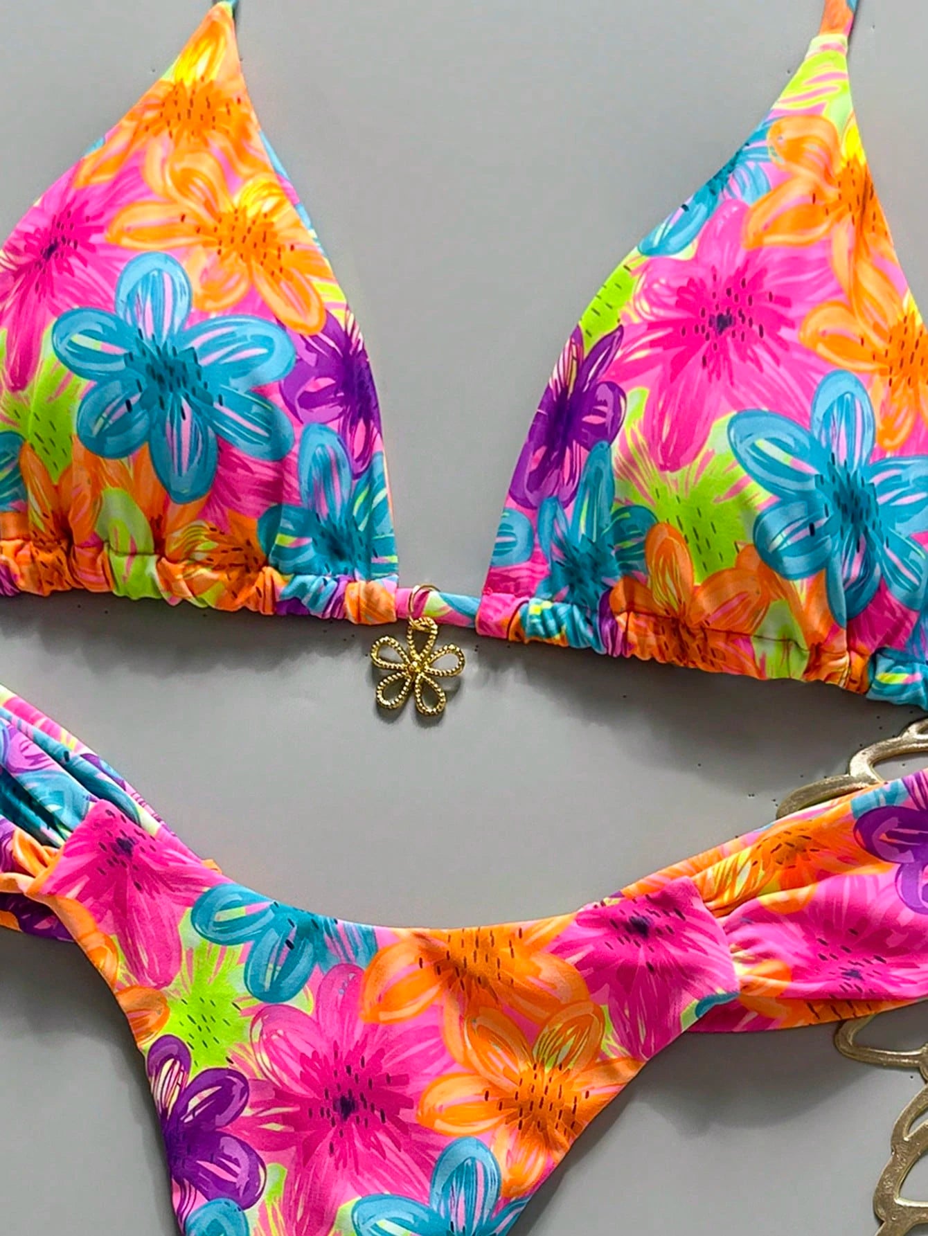 Swim MOD 2pcs Spring/Summer Vacation Random Print Cherry Accessory Halter Triangle Bikini Top And Bikini Bottom Sexy Women's Swimsuit Set