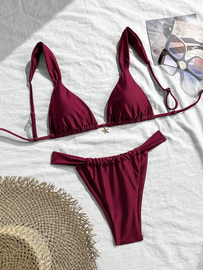 Swim MOD 2pcs Spring/Summer Vacation Random Print Cherry Accessory Halter Triangle Bikini Top And Bikini Bottom Sexy Women's Swimsuit Set