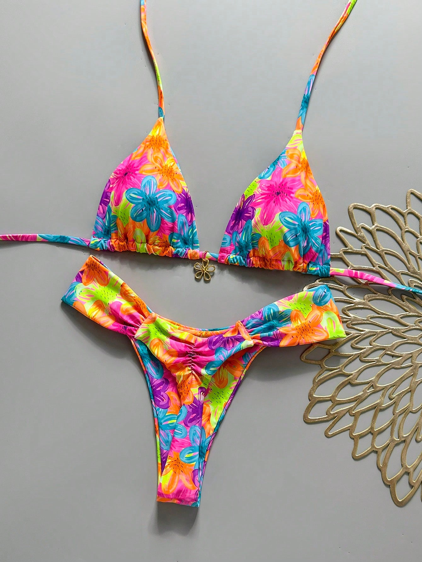 Swim MOD 2pcs Spring/Summer Vacation Random Print Cherry Accessory Halter Triangle Bikini Top And Bikini Bottom Sexy Women's Swimsuit Set