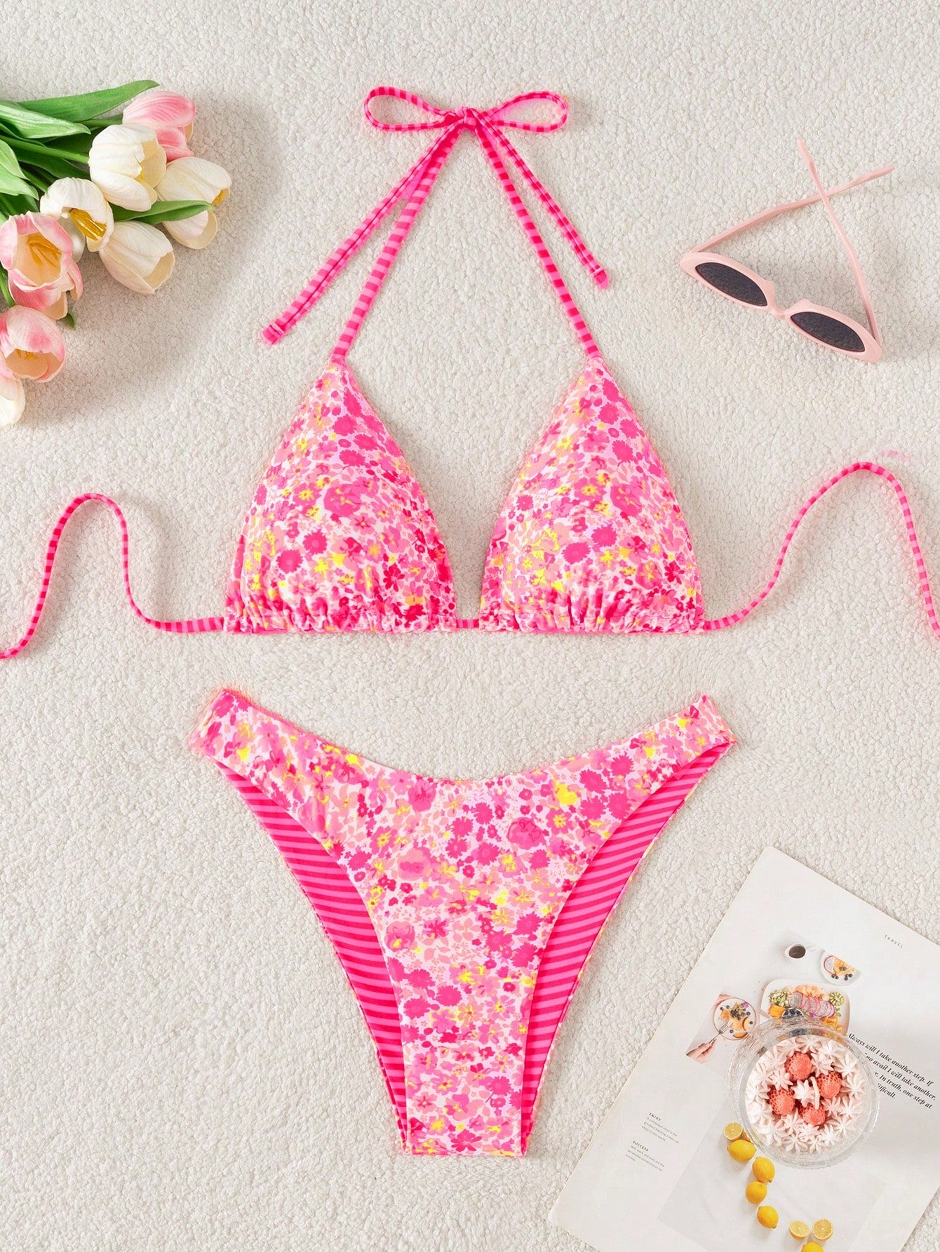 Swim Mod 2pcs Women's Cute Random Reversible Print Halter Top And Adorable Bottoms Bikini Set, Beach/Holiday For Summer Beach Vacation