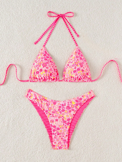 Swim Mod 2pcs Women's Cute Random Reversible Print Halter Top And Adorable Bottoms Bikini Set, Beach/Holiday For Summer Beach Vacation