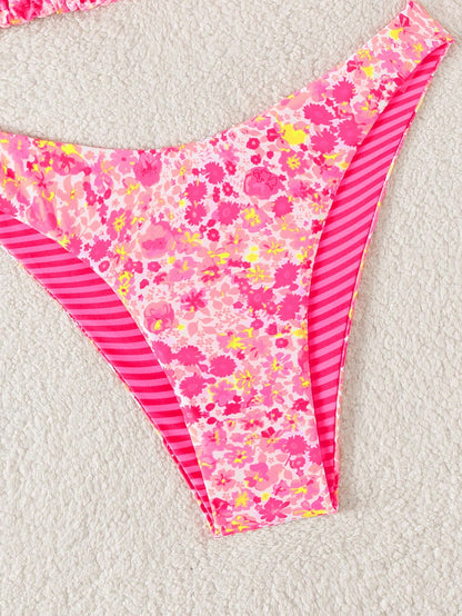 Swim Mod 2pcs Women's Cute Random Reversible Print Halter Top And Adorable Bottoms Bikini Set, Beach/Holiday For Summer Beach Vacation