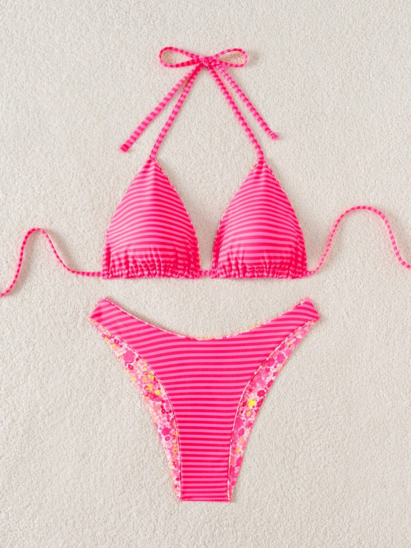Swim Mod 2pcs Women's Cute Random Reversible Print Halter Top And Adorable Bottoms Bikini Set, Beach/Holiday For Summer Beach Vacation