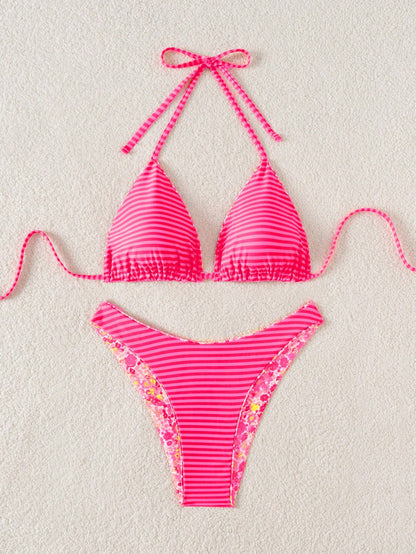 Swim Mod 2pcs Women's Cute Random Reversible Print Halter Top And Adorable Bottoms Bikini Set, Beach/Holiday For Summer Beach Vacation