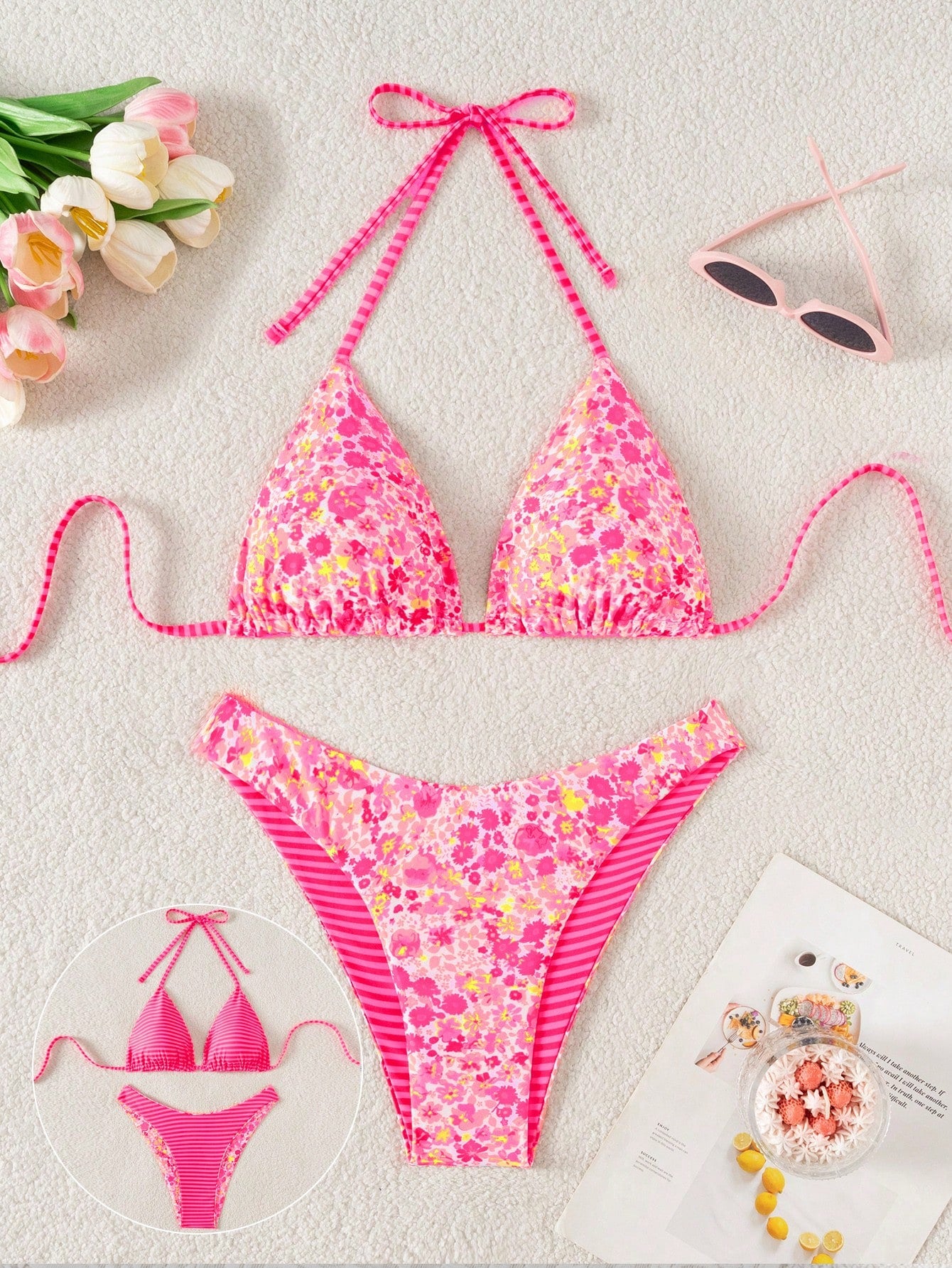 Swim Mod 2pcs Women's Cute Random Reversible Print Halter Top And Adorable Bottoms Bikini Set, Beach/Holiday For Summer Beach Vacation