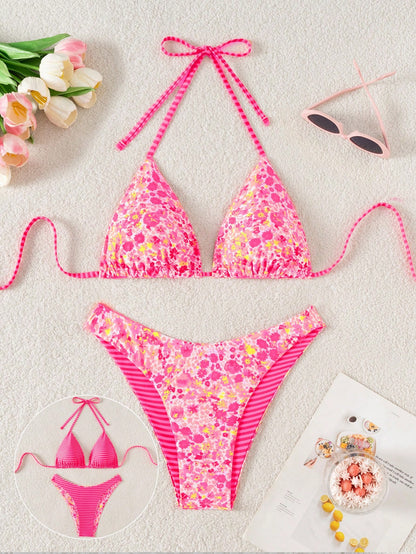 Swim Mod 2pcs Women's Cute Random Reversible Print Halter Top And Adorable Bottoms Bikini Set, Beach/Holiday For Summer Beach Vacation