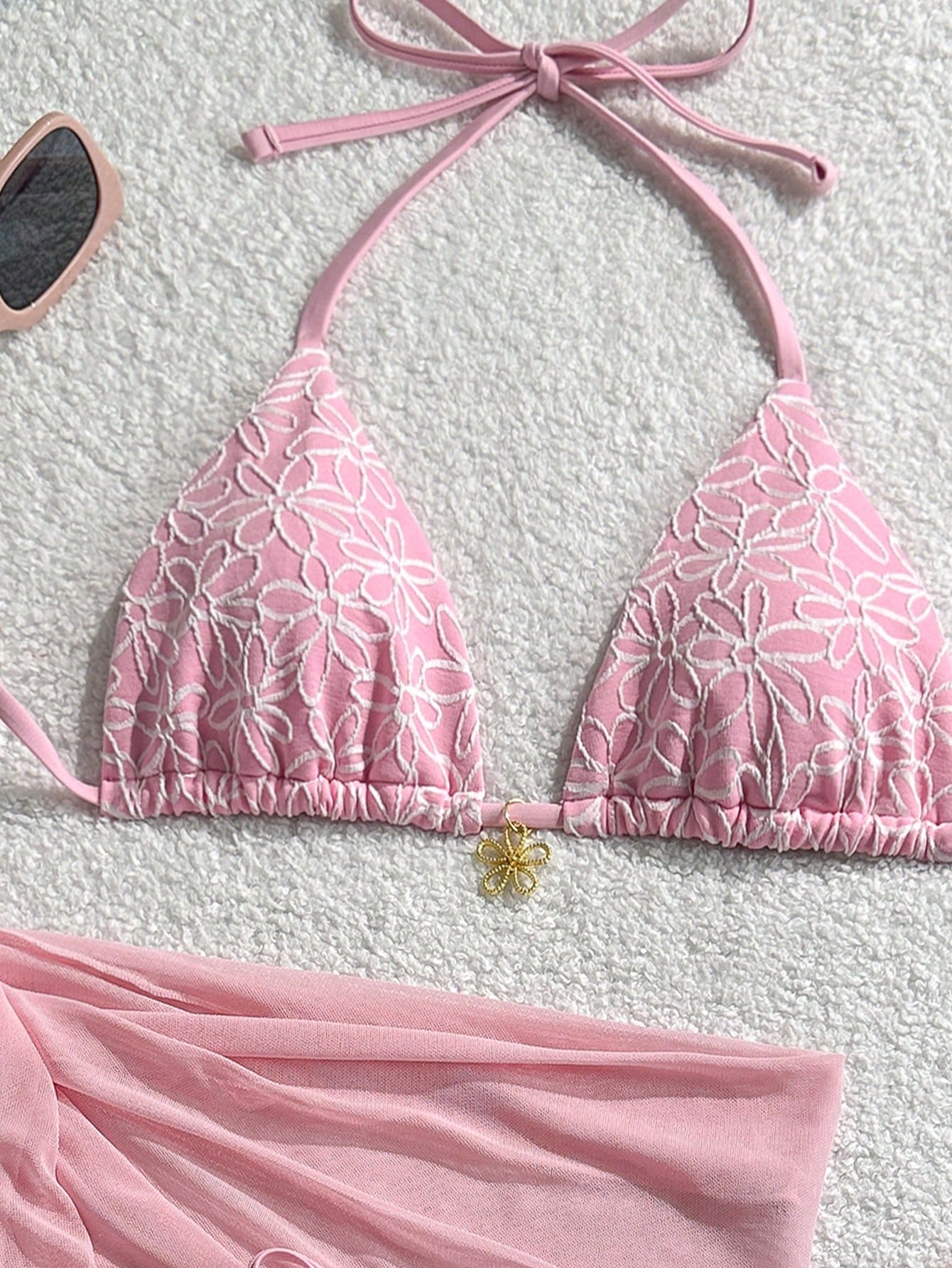 Swim Mod 3pcs/Set Pink Cute Summer Beach Party Holiday Holiday,Floral Textured Fabric Gold Flower Decor Halter Top,Side Tie Swim Shorts & Mesh Mini Skirt