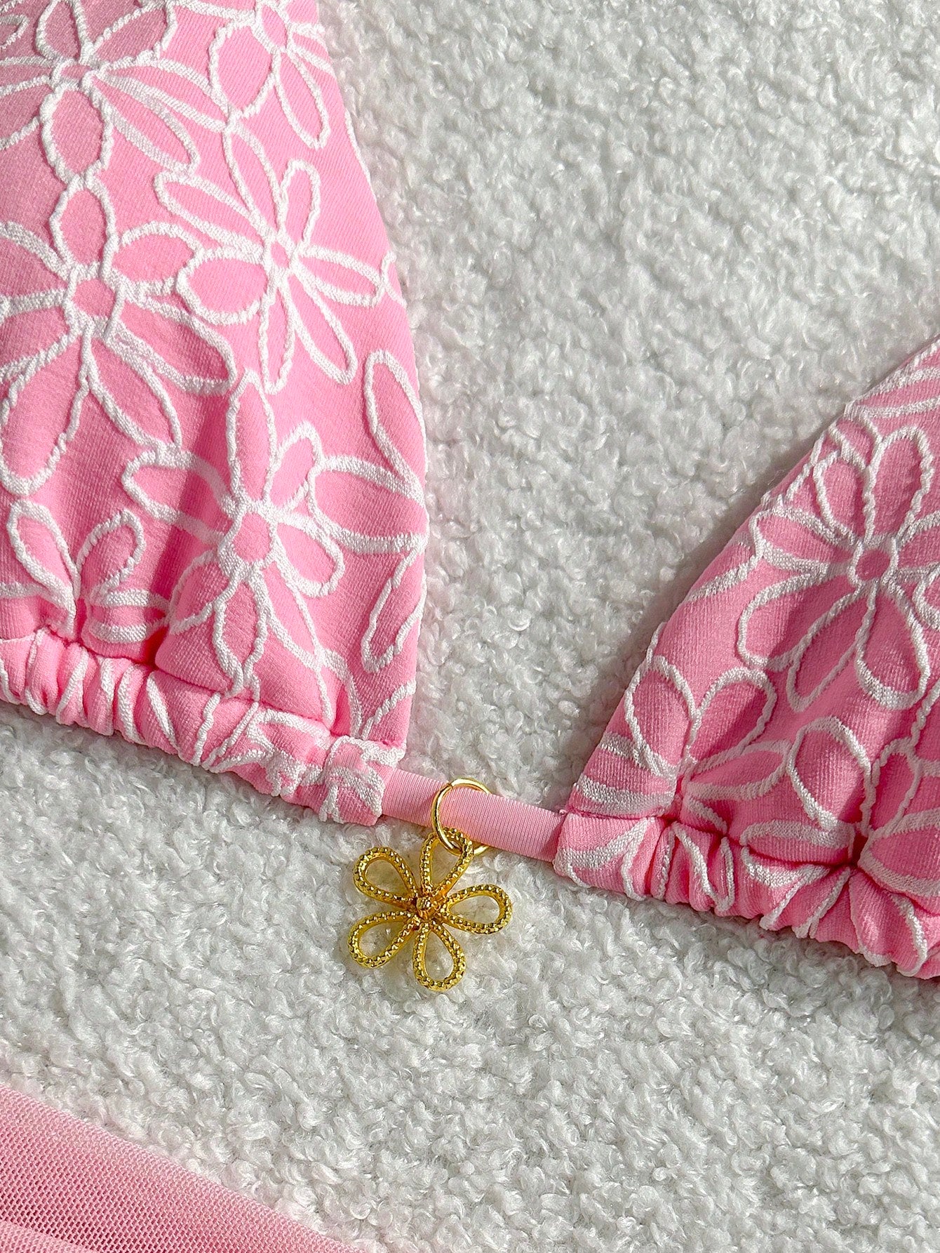 Swim Mod 3pcs/Set Pink Cute Summer Beach Party Holiday Holiday,Floral Textured Fabric Gold Flower Decor Halter Top,Side Tie Swim Shorts & Mesh Mini Skirt