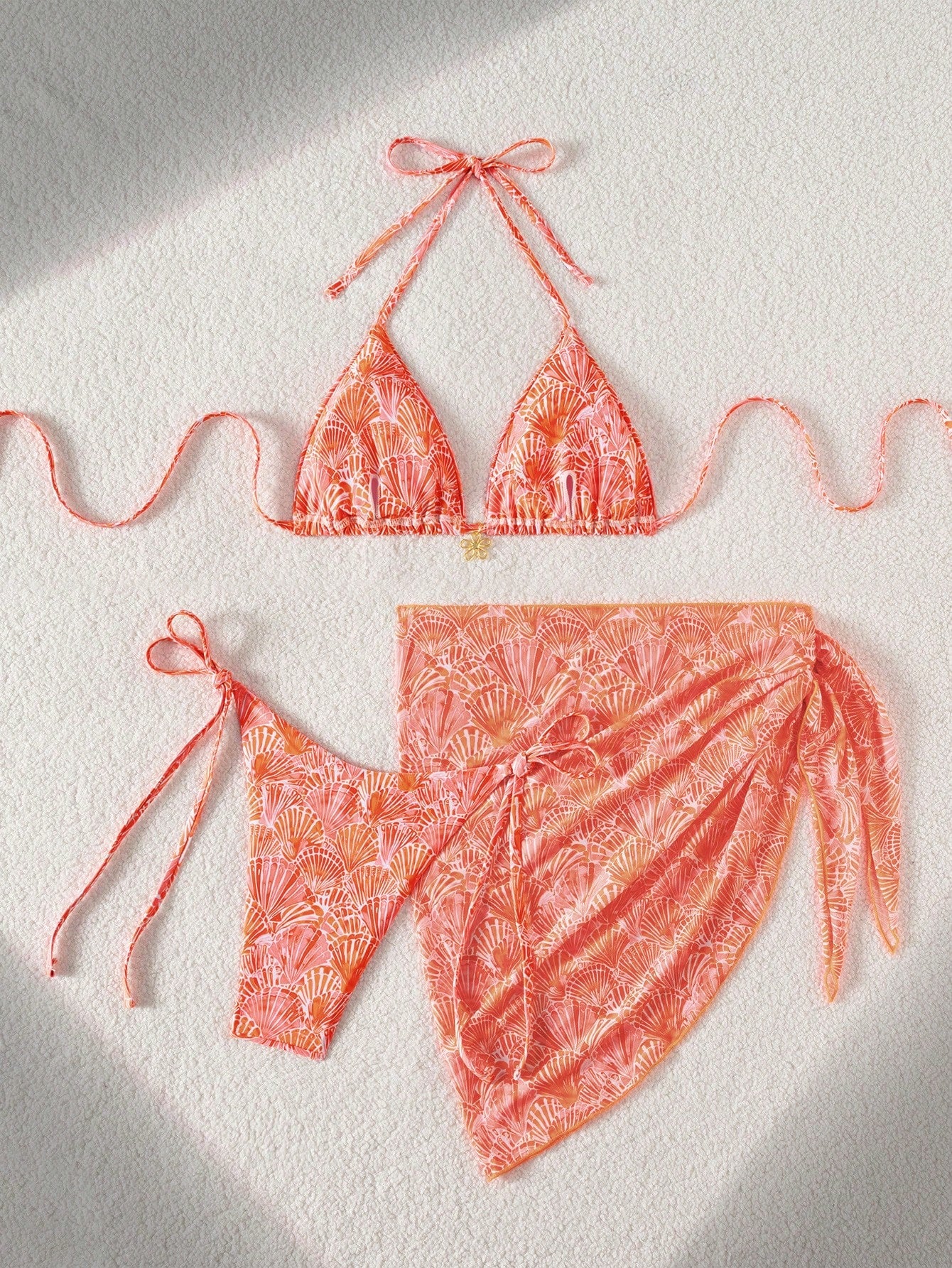 Swim Mod 3pcs/Set Women's Beach Outfits,Orange And White Summer Casual Floral Halter Top,Side Tie Bikini Bottoms&Solid Mesh Skirt,Holiday Vacation Outfit Set
