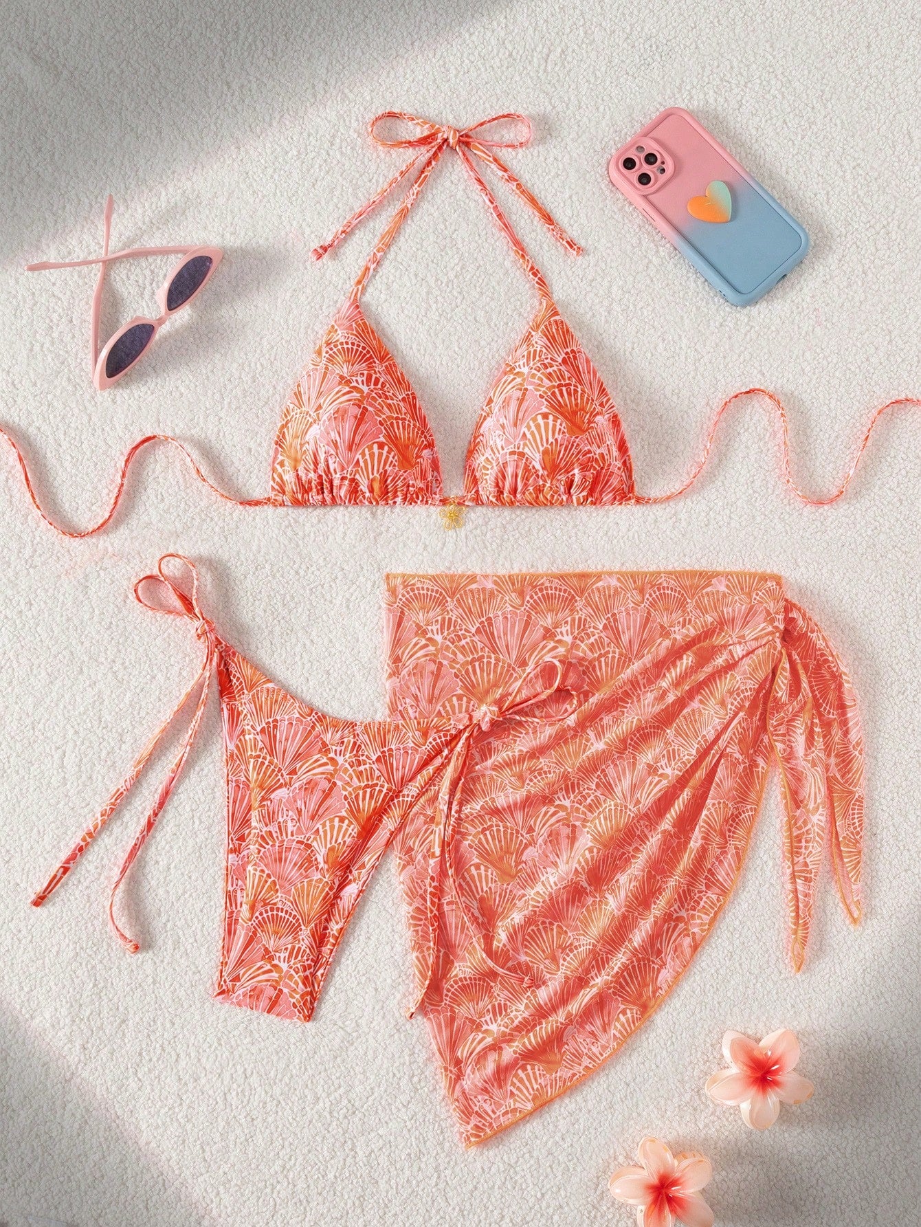 Swim Mod 3pcs/Set Women's Beach Outfits,Orange And White Summer Casual Floral Halter Top,Side Tie Bikini Bottoms&Solid Mesh Skirt,Holiday Vacation Outfit Set
