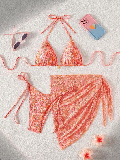 Swim Mod 3pcs/Set Women's Beach Outfits,Orange And White Summer Casual Floral Halter Top,Side Tie Bikini Bottoms&Solid Mesh Skirt,Holiday Vacation Outfit Set
