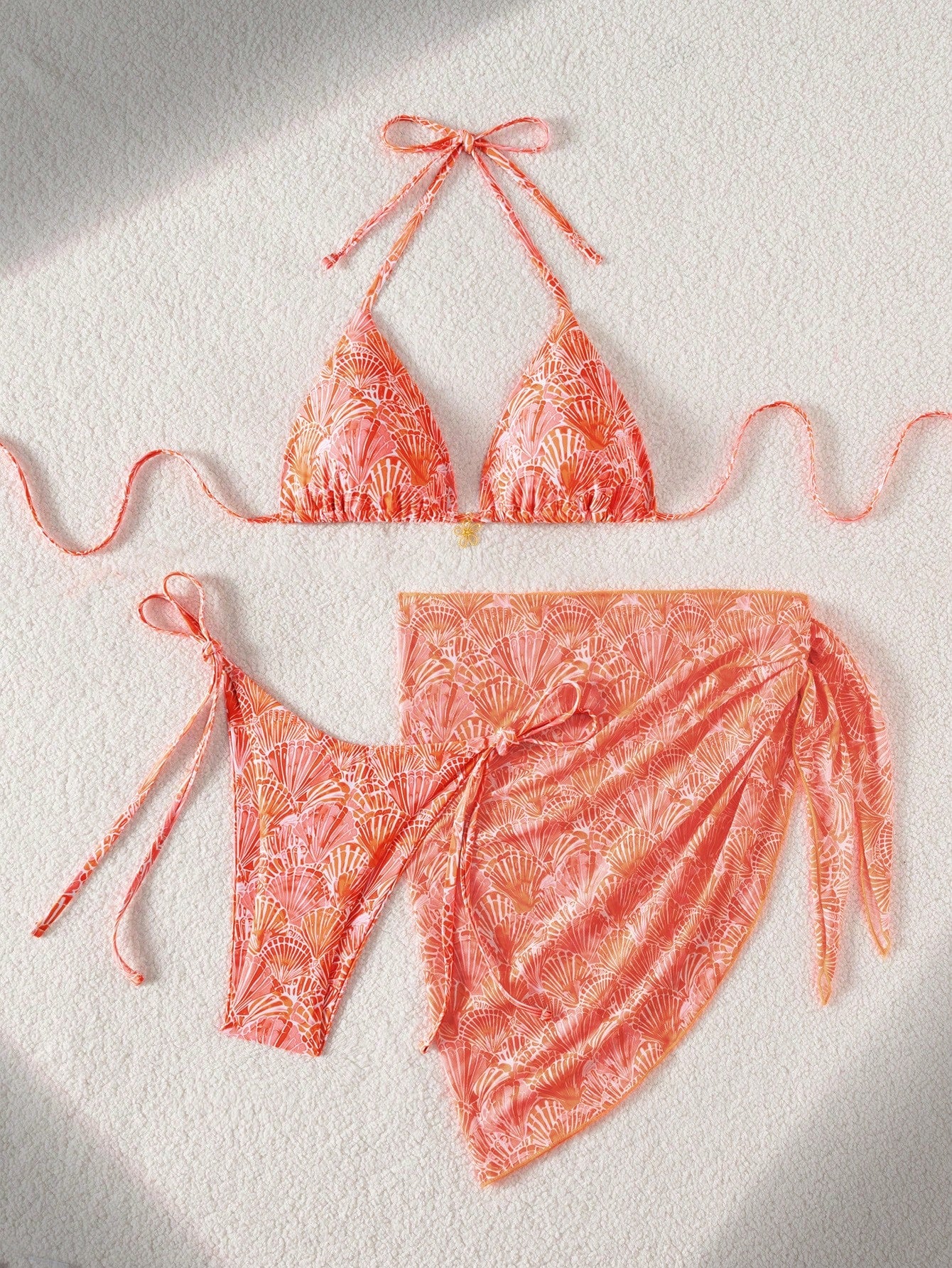 Swim Mod 3pcs/Set Women's Beach Outfits,Orange And White Summer Casual Floral Halter Top,Side Tie Bikini Bottoms&Solid Mesh Skirt,Holiday Vacation Outfit Set