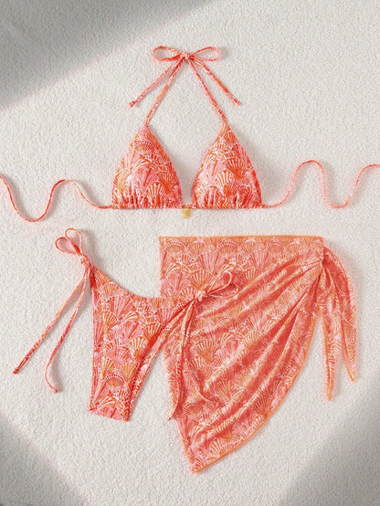 Swim Mod 3pcs/Set Women's Beach Outfits,Orange And White Summer Casual Floral Halter Top,Side Tie Bikini Bottoms&Solid Mesh Skirt,Holiday Vacation Outfit Set