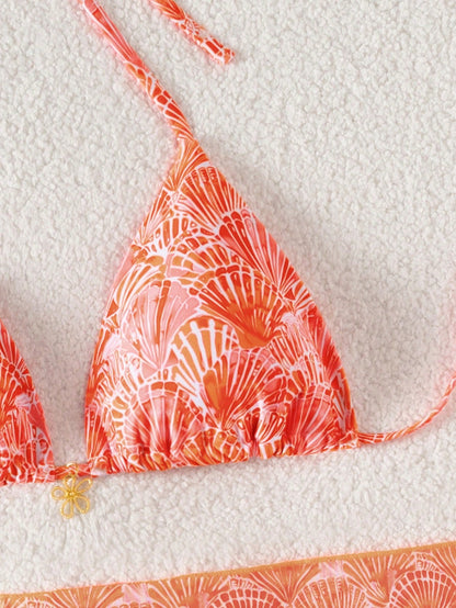 Swim Mod 3pcs/Set Women's Beach Outfits,Orange And White Summer Casual Floral Halter Top,Side Tie Bikini Bottoms&Solid Mesh Skirt,Holiday Vacation Outfit Set