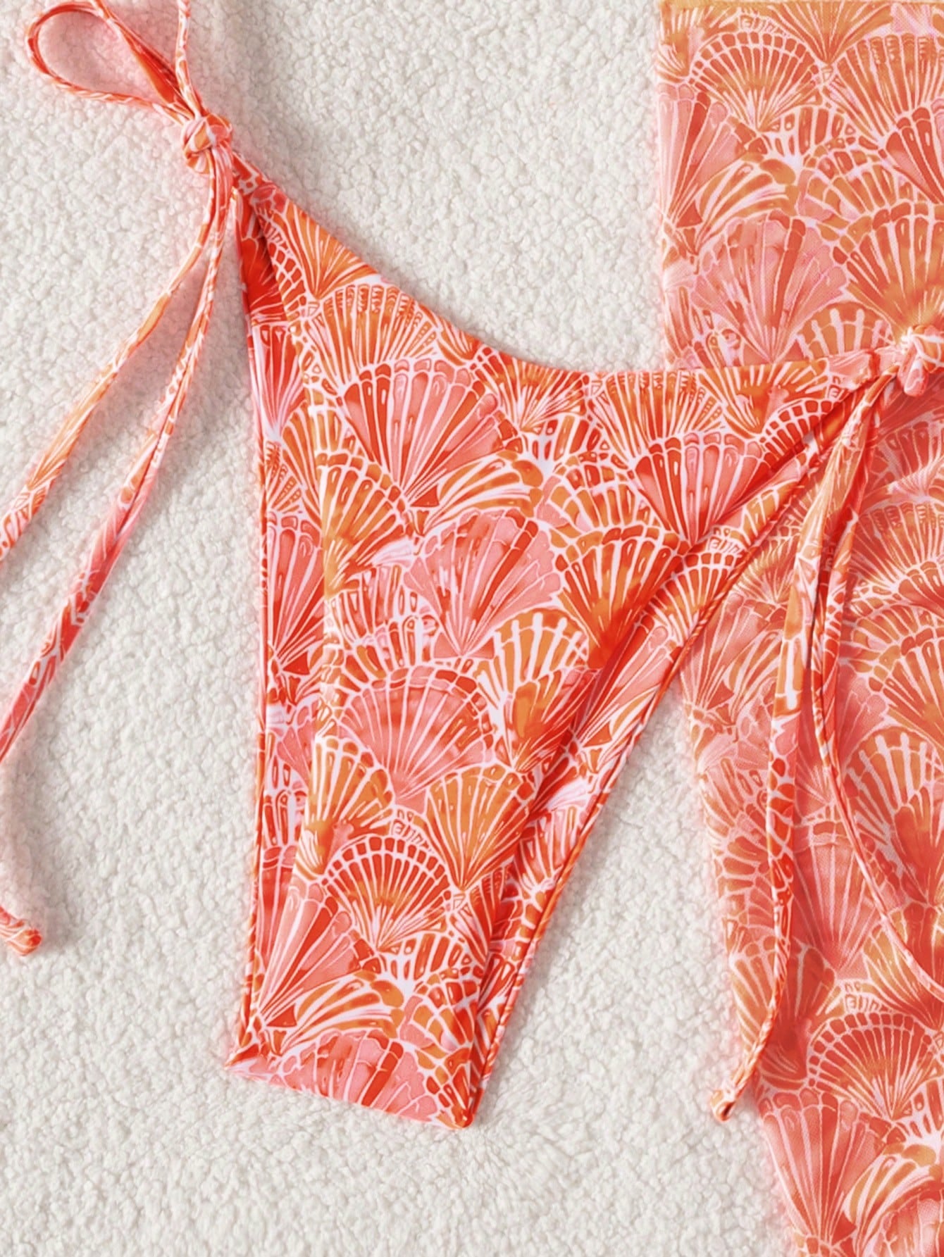 Swim Mod 3pcs/Set Women's Beach Outfits,Orange And White Summer Casual Floral Halter Top,Side Tie Bikini Bottoms&Solid Mesh Skirt,Holiday Vacation Outfit Set