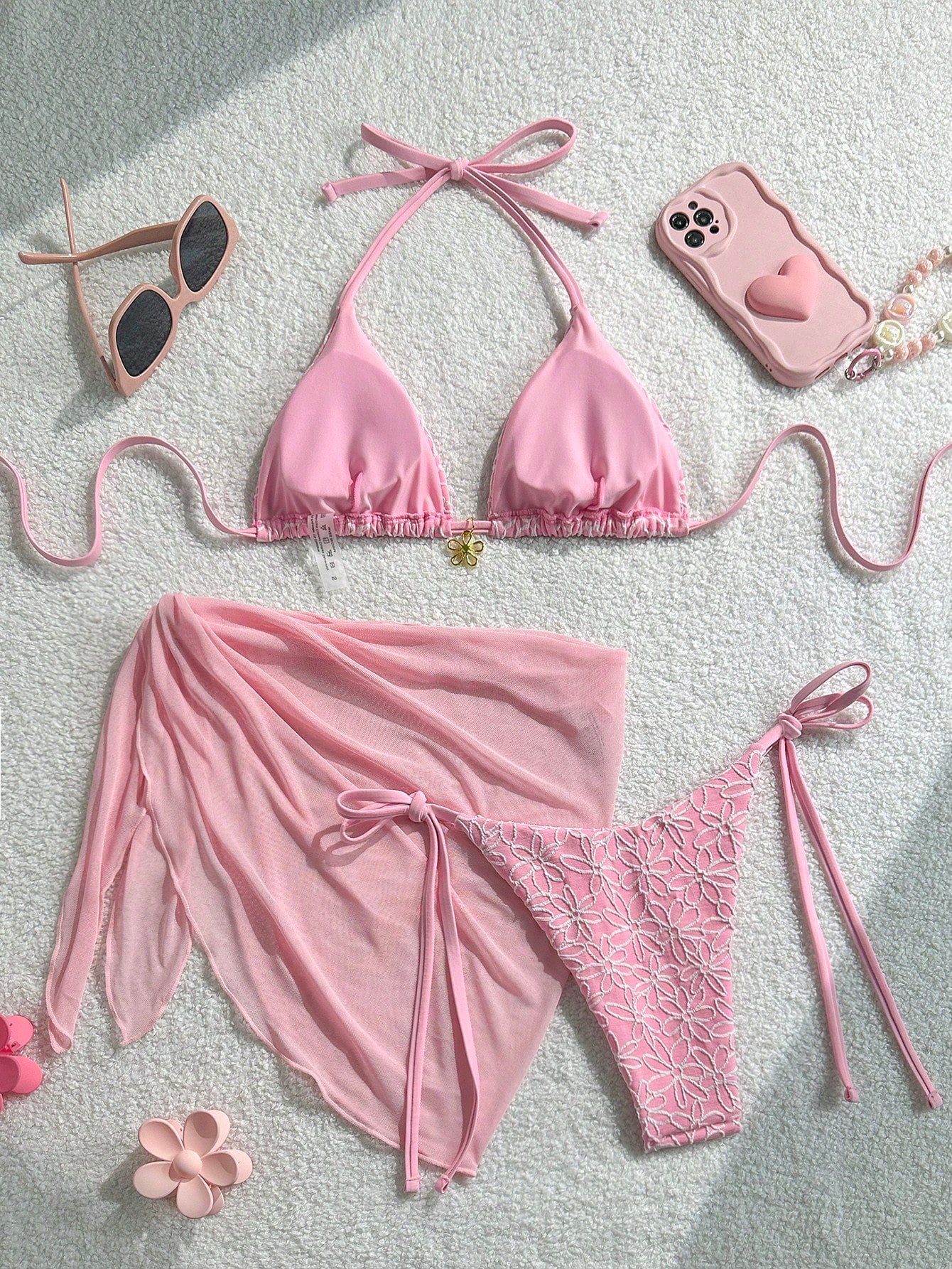 Swim Mod 3pcs/Set Women's Beach Outfits,Orange And White Summer Casual Floral Halter Top,Side Tie Bikini Bottoms&Solid Mesh Skirt,Holiday Vacation Outfit Set