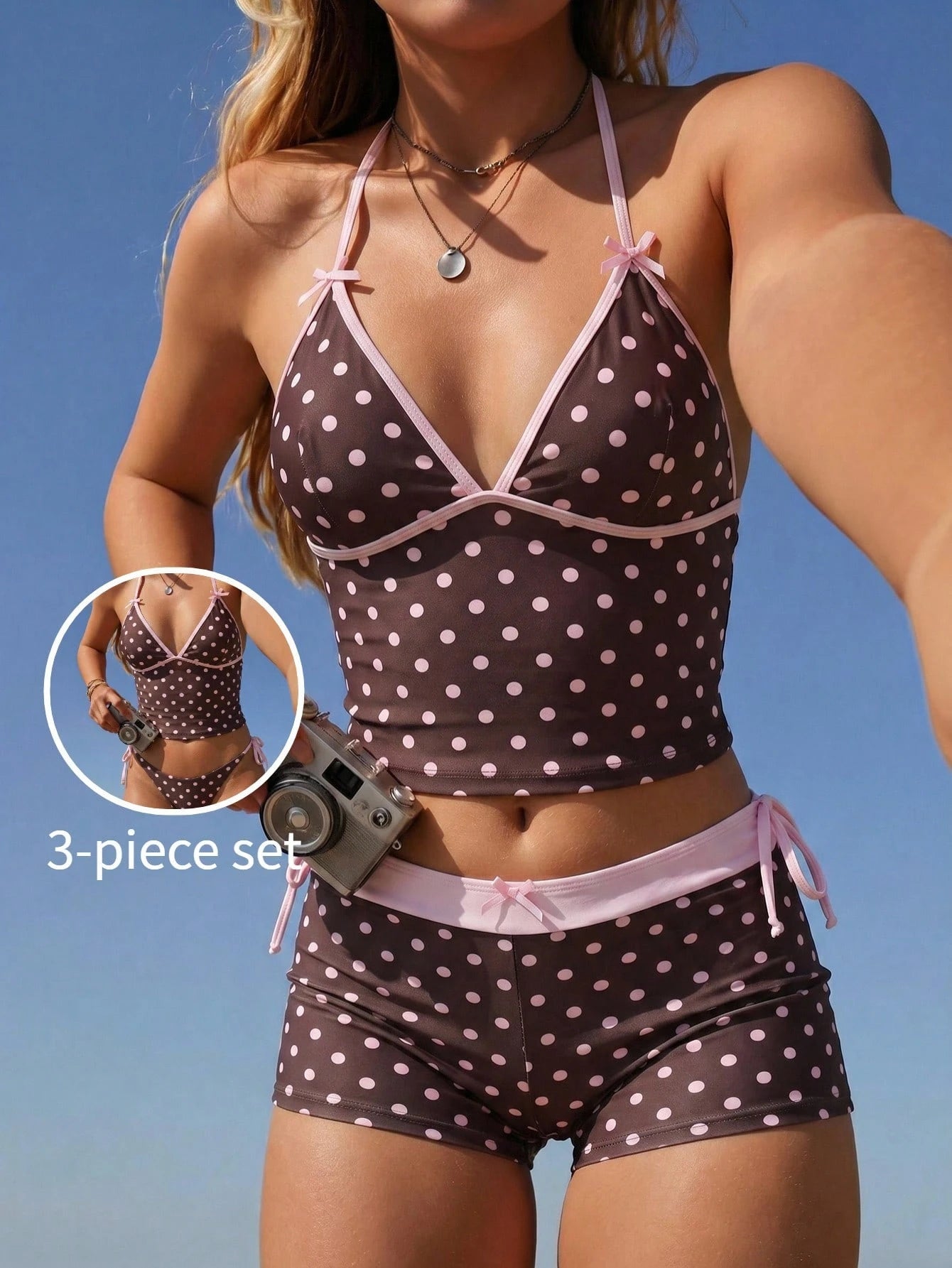 Swim Mod 3pcs Women's Polka Dot Printed Bow Decor Cute Sweet Halter Tankini Top And Beach Shorts Set
