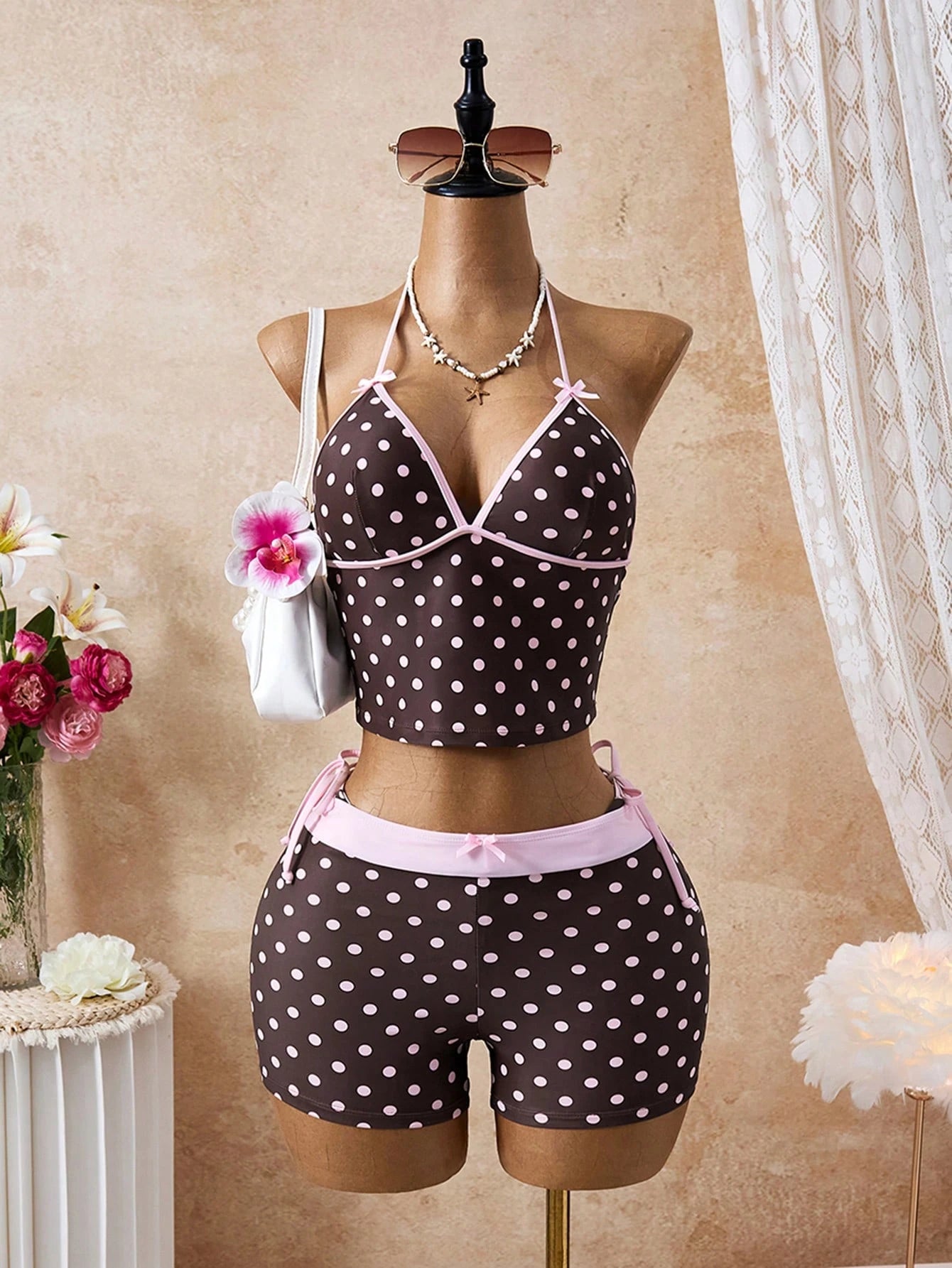 Swim Mod 3pcs Women's Polka Dot Printed Bow Decor Cute Sweet Halter Tankini Top And Beach Shorts Set