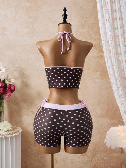 Swim Mod 3pcs Women's Polka Dot Printed Bow Decor Cute Sweet Halter Tankini Top And Beach Shorts Set