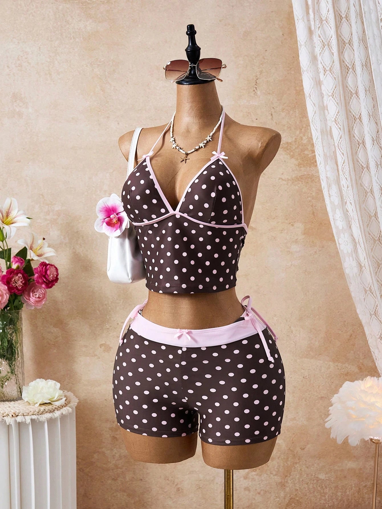 Swim Mod 3pcs Women's Polka Dot Printed Bow Decor Cute Sweet Halter Tankini Top And Beach Shorts Set