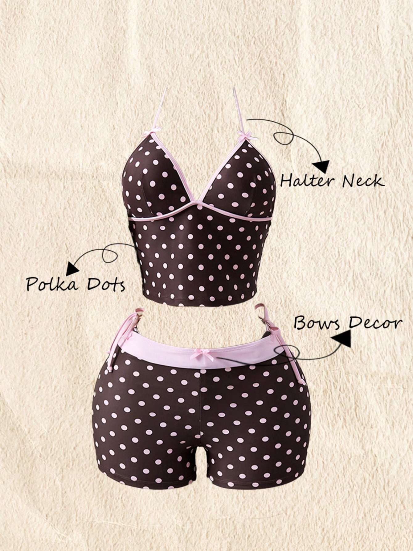 Swim Mod 3pcs Women's Polka Dot Printed Bow Decor Cute Sweet Halter Tankini Top And Beach Shorts Set