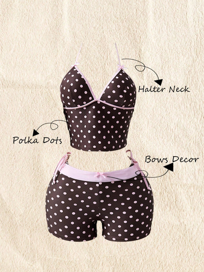 Swim Mod 3pcs Women's Polka Dot Printed Bow Decor Cute Sweet Halter Tankini Top And Beach Shorts Set