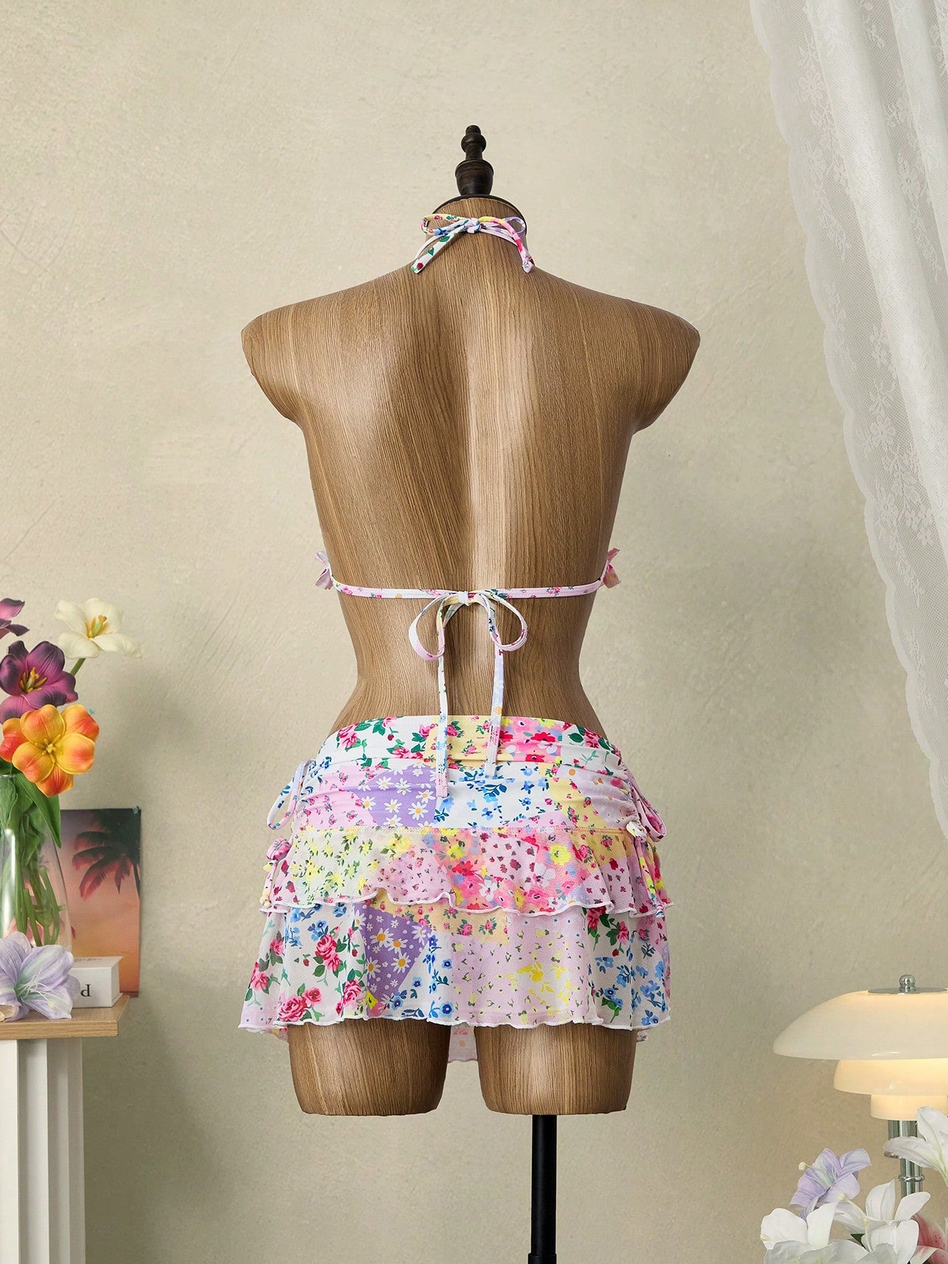 Swim Mod 3pcs Women's Summer Ditsy Floral Patchwork Triangle Top & Ruched Drawstring Skirt Swimwear Set