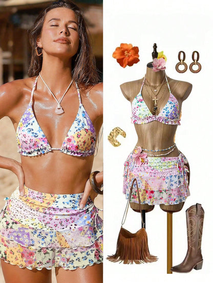 Swim Mod 3pcs Women's Summer Ditsy Floral Patchwork Triangle Top & Ruched Drawstring Skirt Swimwear Set