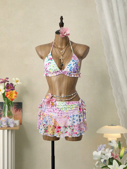 Swim Mod 3pcs Women's Summer Ditsy Floral Patchwork Triangle Top & Ruched Drawstring Skirt Swimwear Set