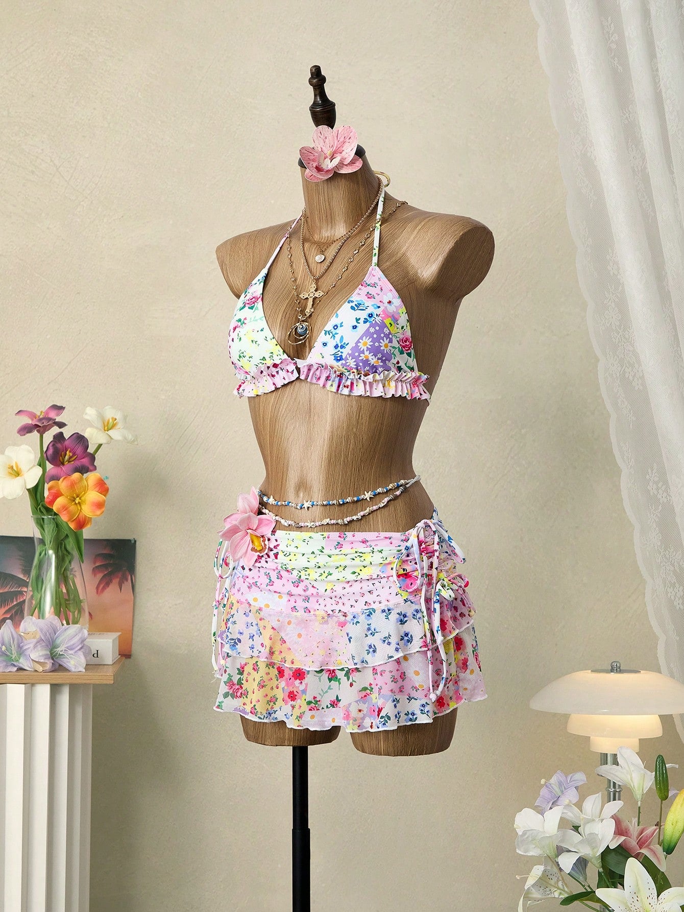 Swim Mod 3pcs Women's Summer Ditsy Floral Patchwork Triangle Top & Ruched Drawstring Skirt Swimwear Set