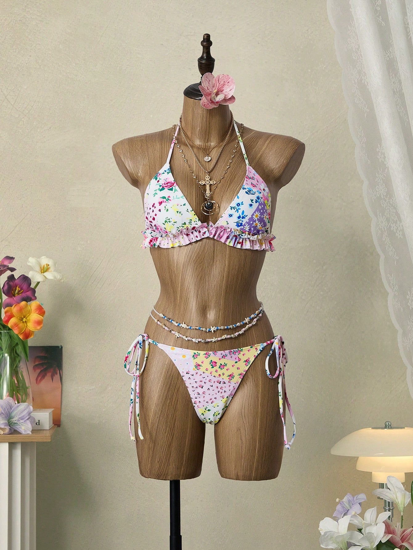 Swim Mod 3pcs Women's Summer Ditsy Floral Patchwork Triangle Top & Ruched Drawstring Skirt Swimwear Set