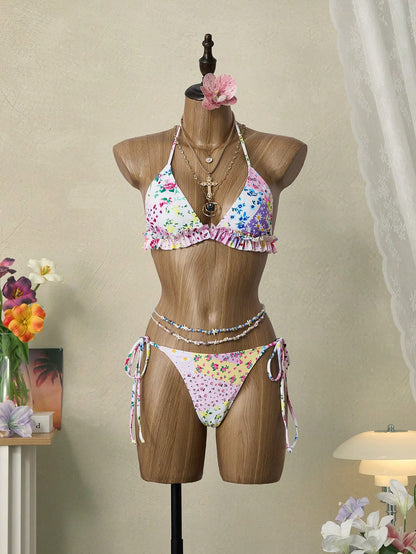 Swim Mod 3pcs Women's Summer Ditsy Floral Patchwork Triangle Top & Ruched Drawstring Skirt Swimwear Set
