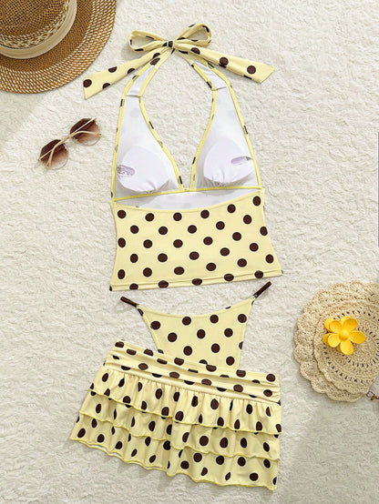 Swim Mod 3pcs Women Yellow Vintage Polka Dot Bikini Set,Spaghetti Strap Deep V Backless Tie Triangle Top,Layered Ruffle Gathered Skirt Summer Beach Holiday