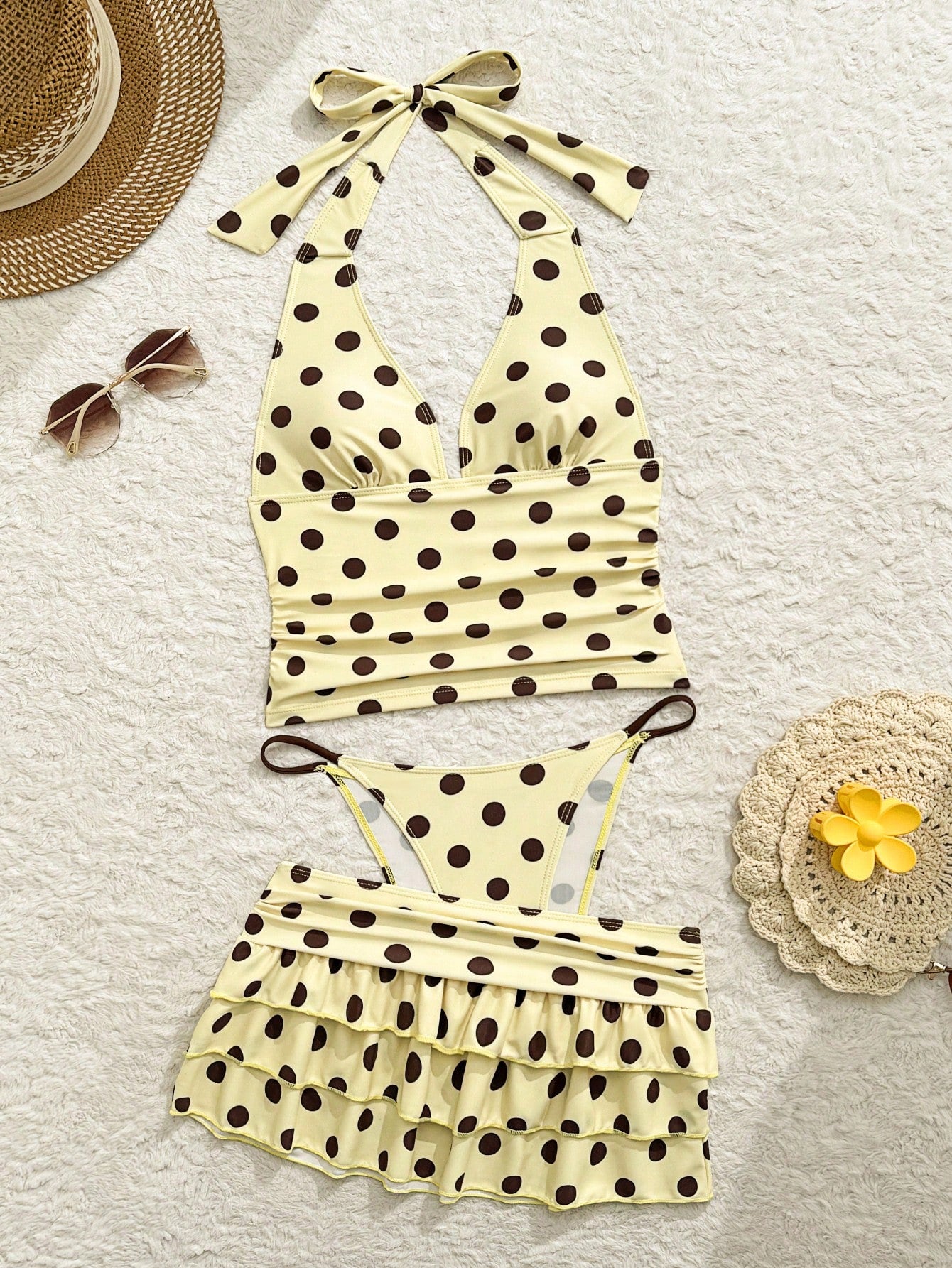 Swim Mod 3pcs Women Yellow Vintage Polka Dot Bikini Set,Spaghetti Strap Deep V Backless Tie Triangle Top,Layered Ruffle Gathered Skirt Summer Beach Holiday