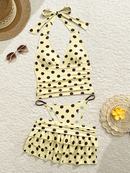 Swim Mod 3pcs Women Yellow Vintage Polka Dot Bikini Set,Spaghetti Strap Deep V Backless Tie Triangle Top,Layered Ruffle Gathered Skirt Summer Beach Holiday