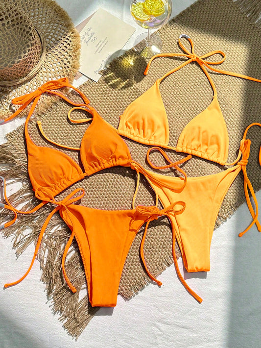 Swim Mod 4pcs/Set Solid Color Halter Bikini Swimsuit Set For Summer Beach Vacation