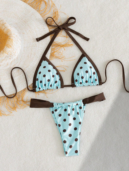 Swim Mod Contrast Color Polka Dot Print Halter Neck Tied Two Pieces Swimwear Set, Spring/Summer