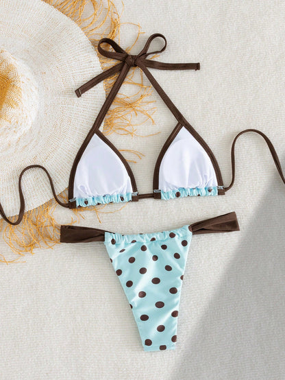 Swim Mod Contrast Color Polka Dot Print Halter Neck Tied Two Pieces Swimwear Set, Spring/Summer