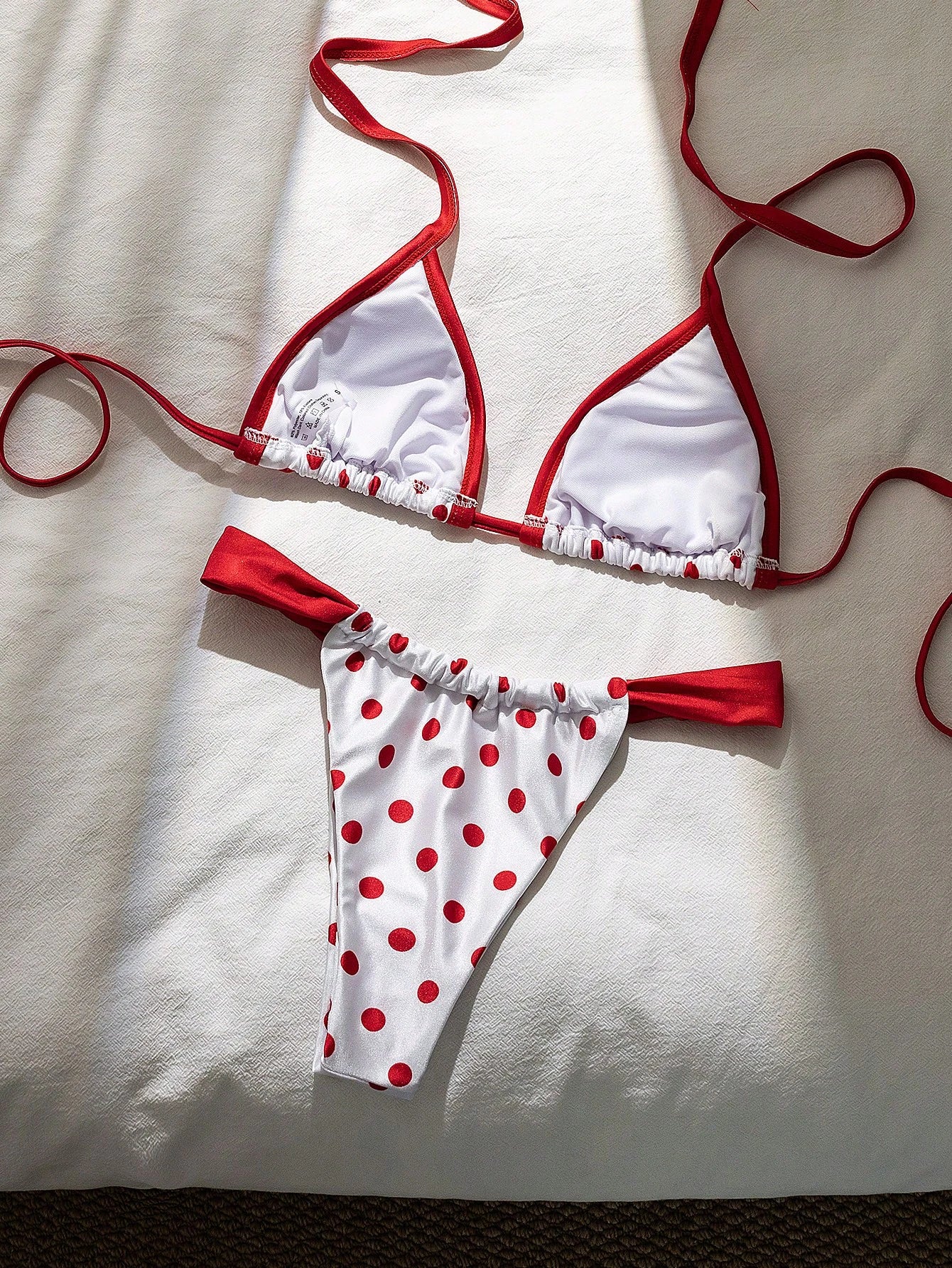 Swim Mod Contrast Color Polka Dot Print Halter Neck Tied Two Pieces Swimwear Set, Spring/Summer