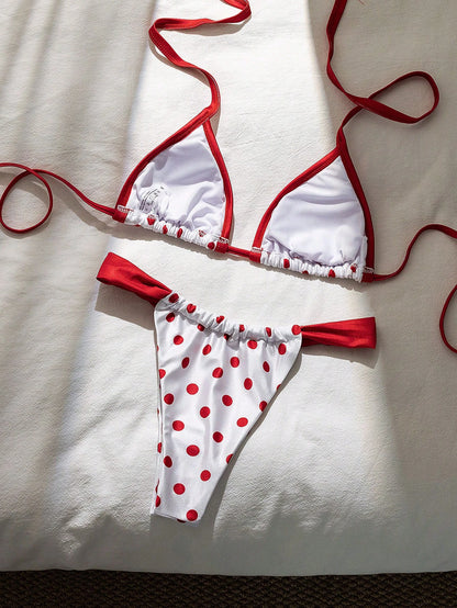 Swim Mod Contrast Color Polka Dot Print Halter Neck Tied Two Pieces Swimwear Set, Spring/Summer